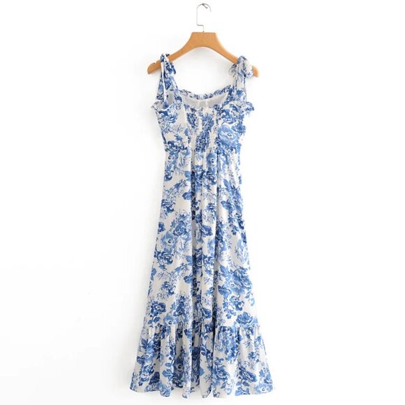 Blue Toile Floral Ruffle Midi Dress by Manu Reformation Nikita Olympia Size 8/M - Picture 5 of 16